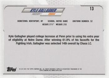 2021 Topps Premier Lacrosse League First Edition #13 Kyle Gallagher Back
